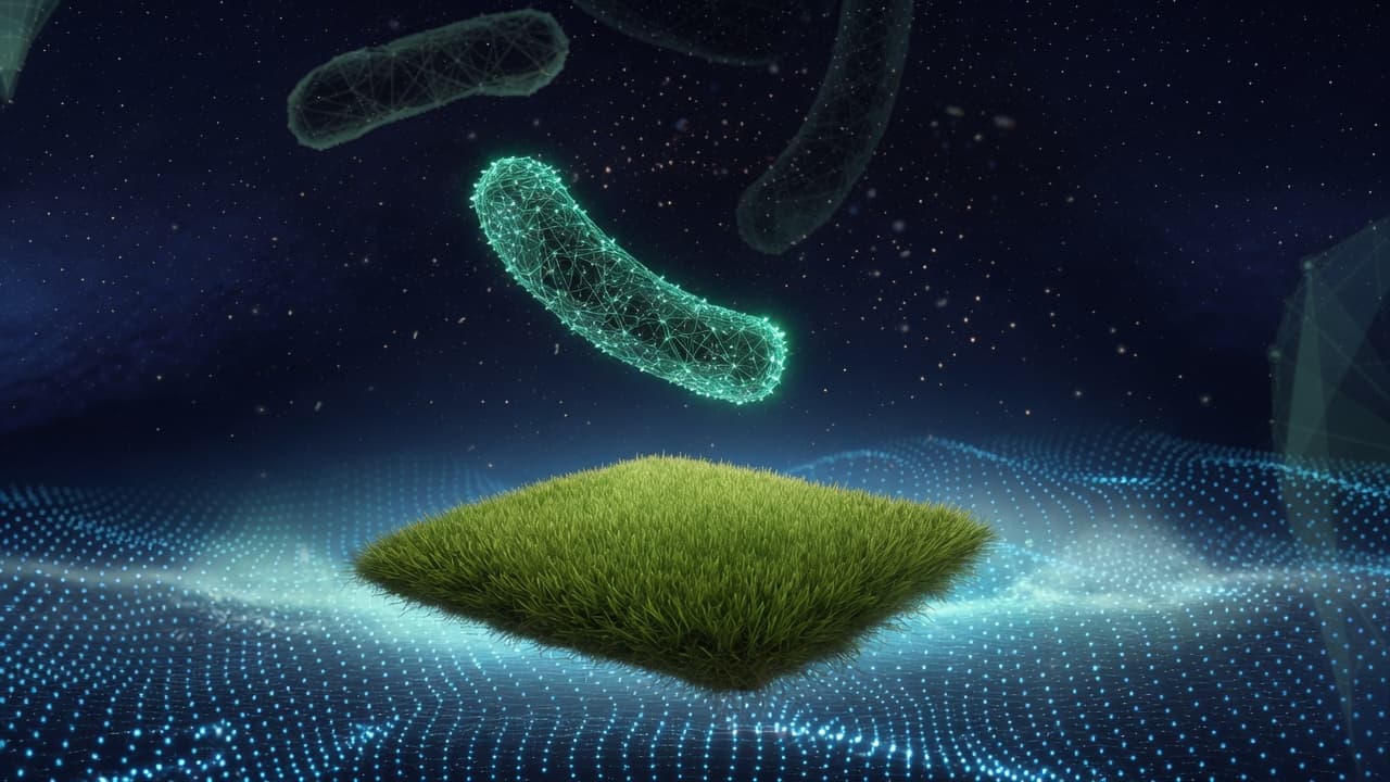 Artificial grass patch repelling microscopic bacteria, visualised as wireframes