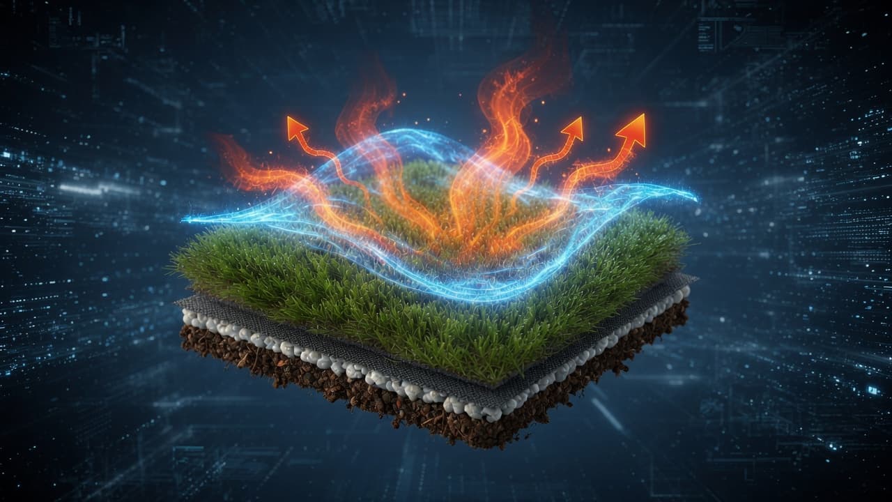 Cross-section of artificial grass releasing heat with a cooling airflow wave